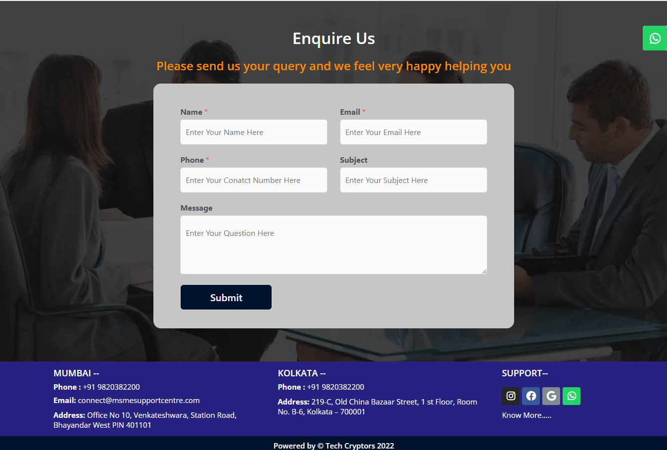 msme-website-contact-page-form-designed-and-developed-by-tech-cryptors-private-limited